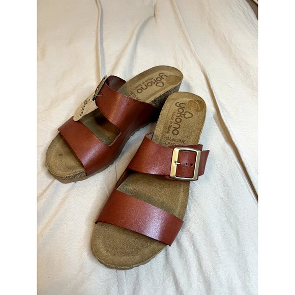 Yokomo Yokono Leather Sock Cognac Big Buckle Slip On Wedge Sandals Size 8 - Picture 3 of 4